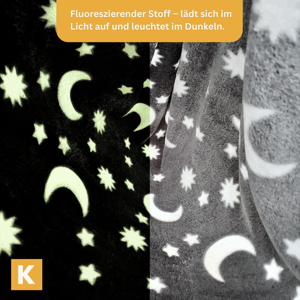 Fluoreszierender Stoff der Glow Schaukel im Tag- und Nachtvergleich – lädt sich im Licht auf und leuchtet im Dunkeln sichtbar nach