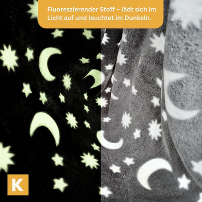 Fluoreszierender Stoff der Glow Schaukel im Tag- und Nachtvergleich – lädt sich im Licht auf und leuchtet im Dunkeln sichtbar nach