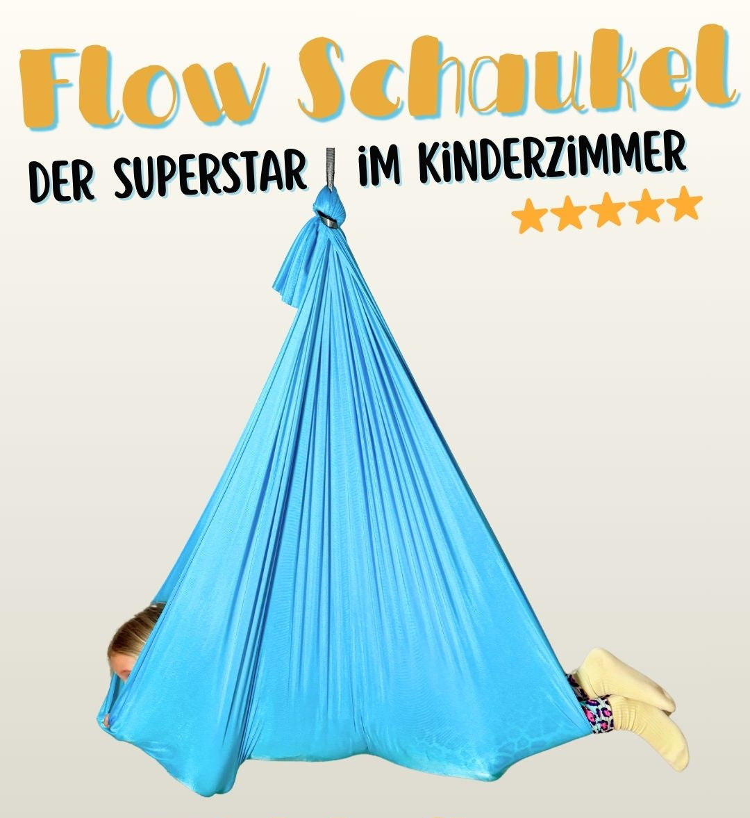 Flow Schaukel im Kinderzimmer mit Kind in blauer Therapieschaukel und 5 Sternen Bewertung