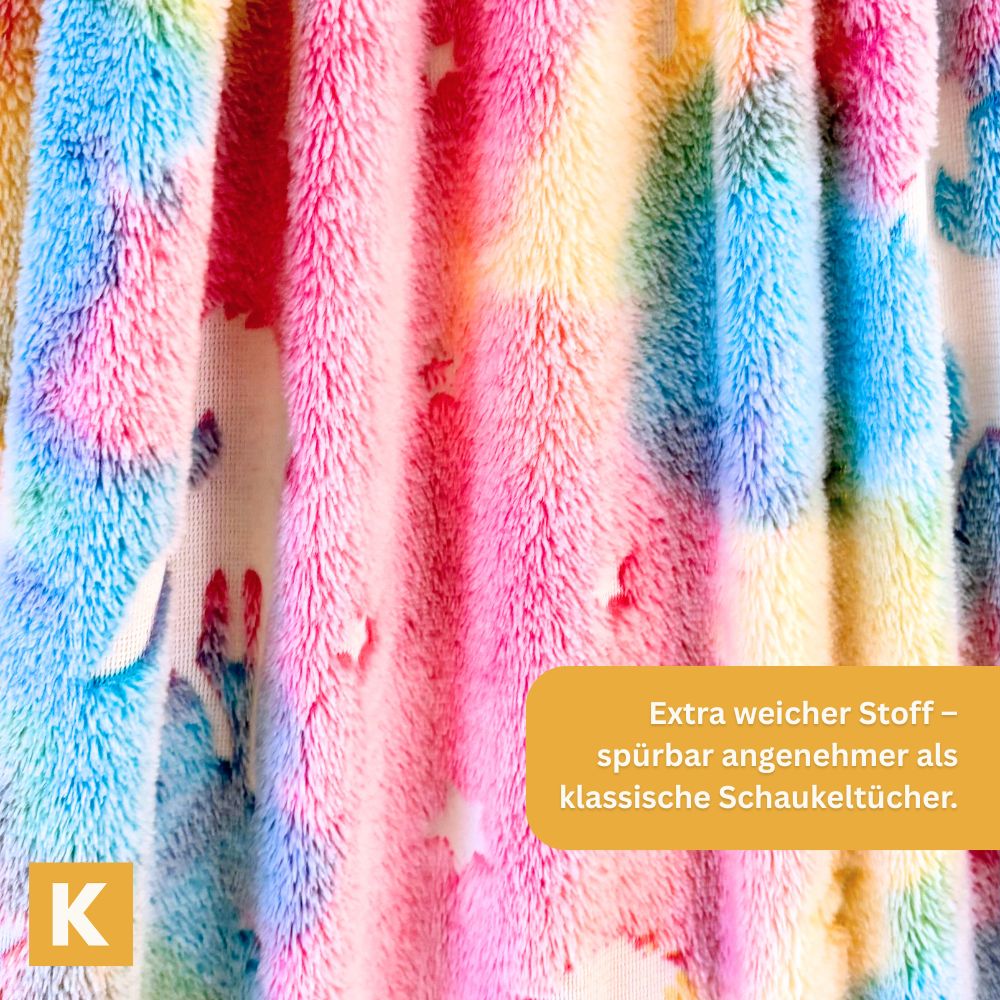 Detailaufnahme der Glow Therapieschaukel Pink Horse mit weichem buntem Stoff für Kinder