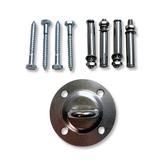 Kiddyflow Deckenbefestigungs-Set mit Montageplatte, Schrauben und Dübeln zur sicheren Befestigung der Therapieschaukel.