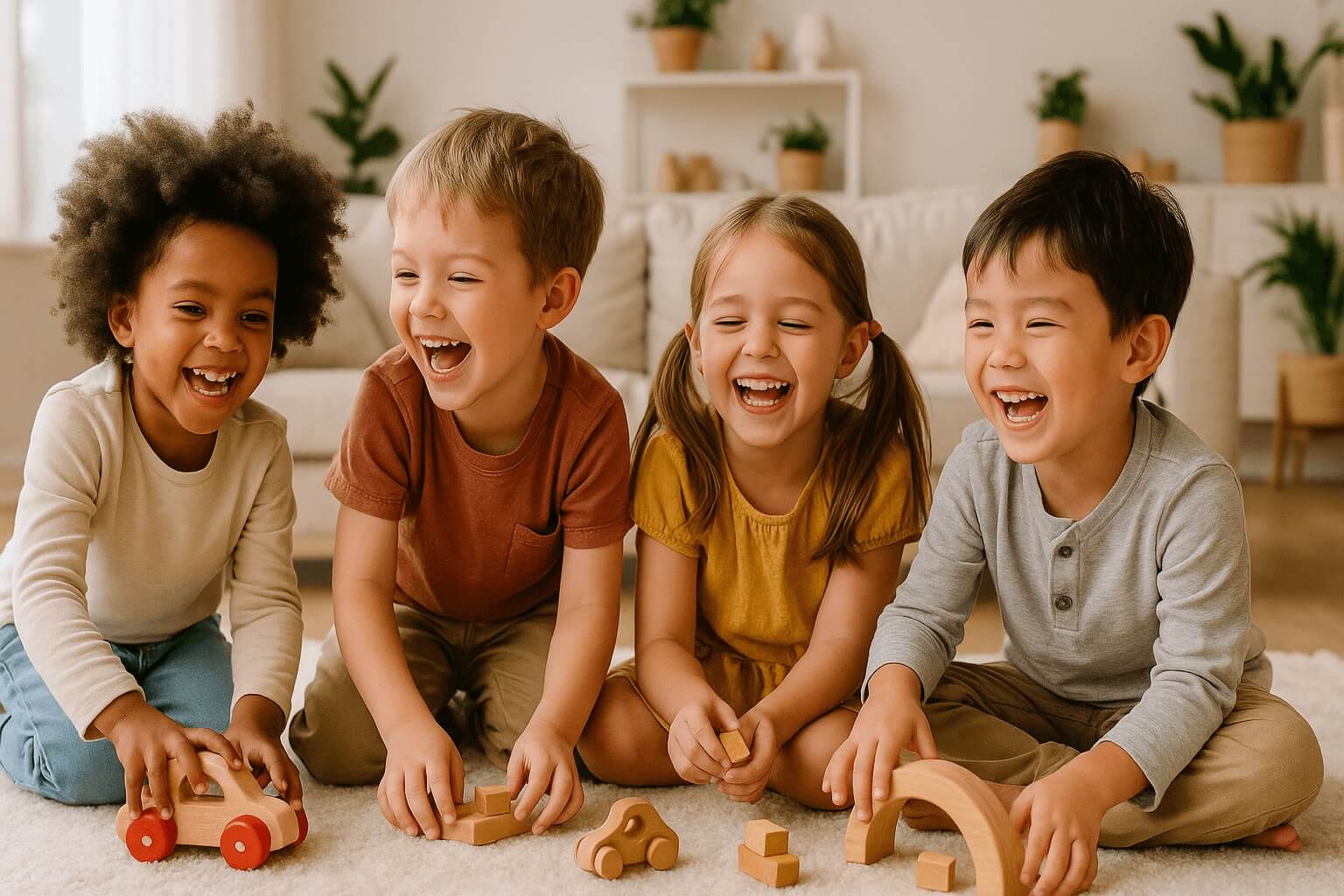 Kinder spielen und lachen gemeinsam mit in einem warmen, gemütlichen Kinderzimmer.