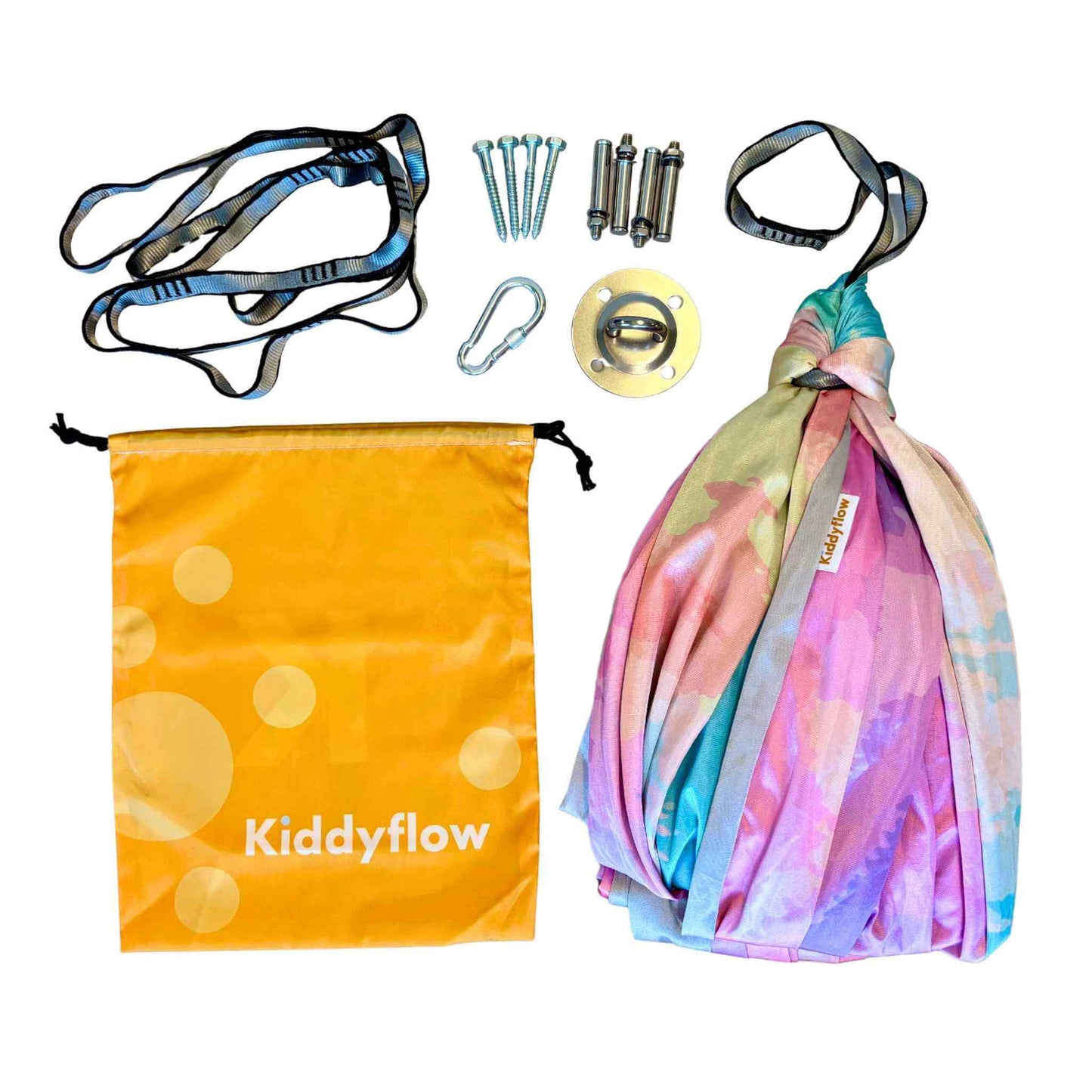 Kiddyflow Flow Therapieschaukel 2.0 in doppellagigem Rainbow-Grey Design mit komplettem Lieferumfang: Befestigungsset, Karabiner, Verlängerungsgurt und gelbem Kiddyflow-Beutel.