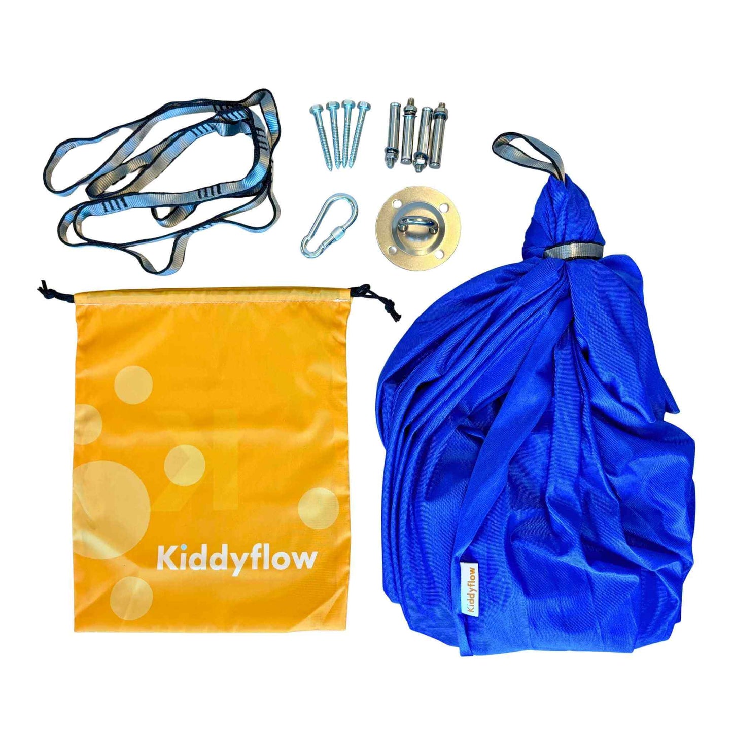 Blaue Kiddyflow Therapieschaukel mit komplettem Lieferumfang: Befestigungsset, Karabiner, Verlängerungsgurt und gelbem Kiddyflow-Aufbewahrungsbeutel.