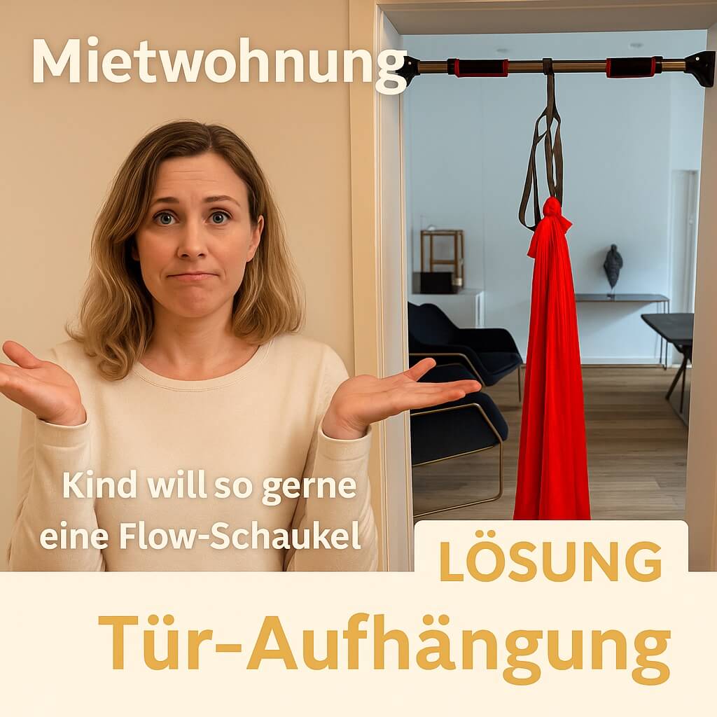 Frau zeigt eine ratlose Geste neben einer Flow Therapieschaukel, die mit einer Türaufhängung im Türrahmen befestigt ist.