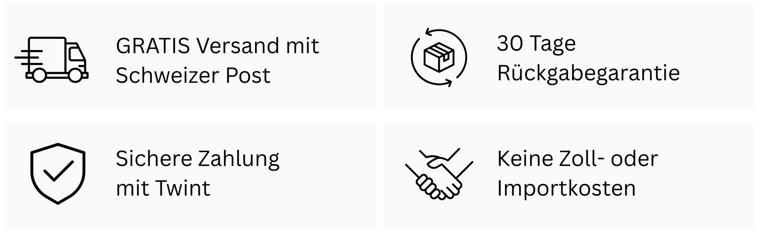 Kiddyflow Trust-Elemente: gratis Versand mit Schweizer Post, 30 Tage Rückgabegarantie, sichere Zahlung mit Twint und keine Zoll- oder Importkosten.