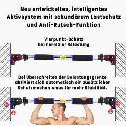 Türreckstange mit Vierpunkt-Schutzsystem und zusätzlichem Sicherheitsmechanismus bei hoher Belastung, demonstriert durch eine Person beim Ziehen.