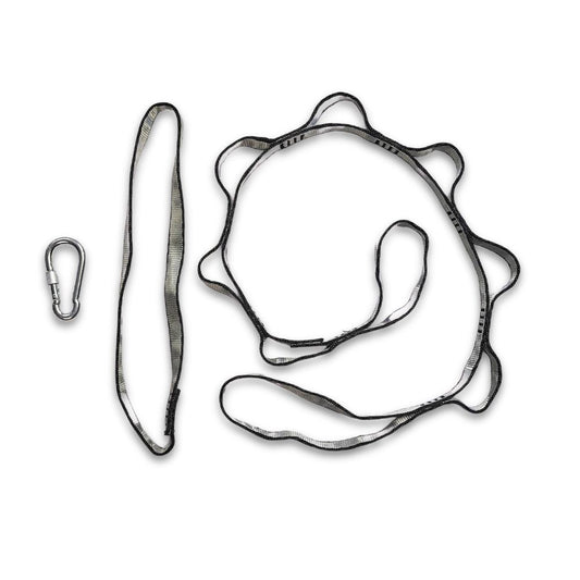 Kiddyflow Verlängerungsgurt-Set mit Schlaufenband und Karabiner zur flexiblen Befestigung der Therapieschaukel.