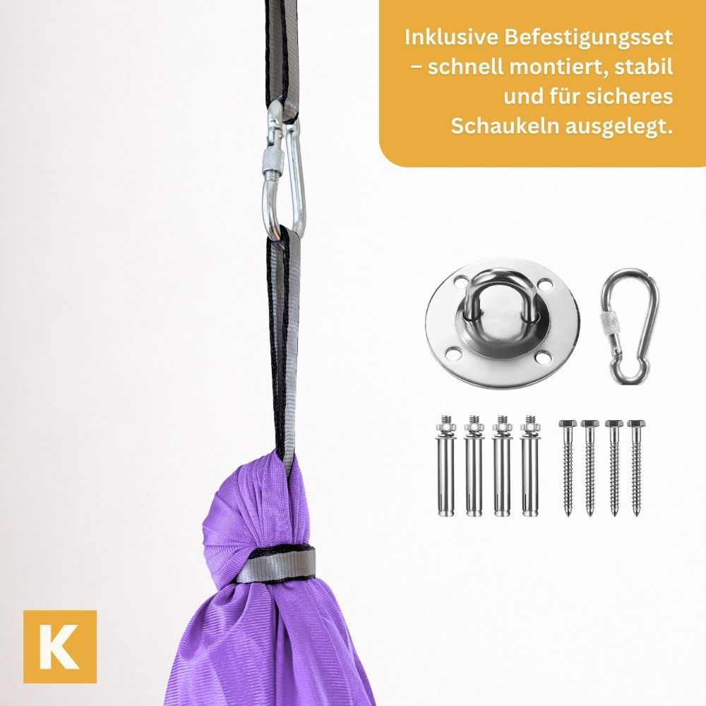 Detailaufnahme der blauen Therapieschaukel von Kiddyflow an Karabiner und Aufhängung