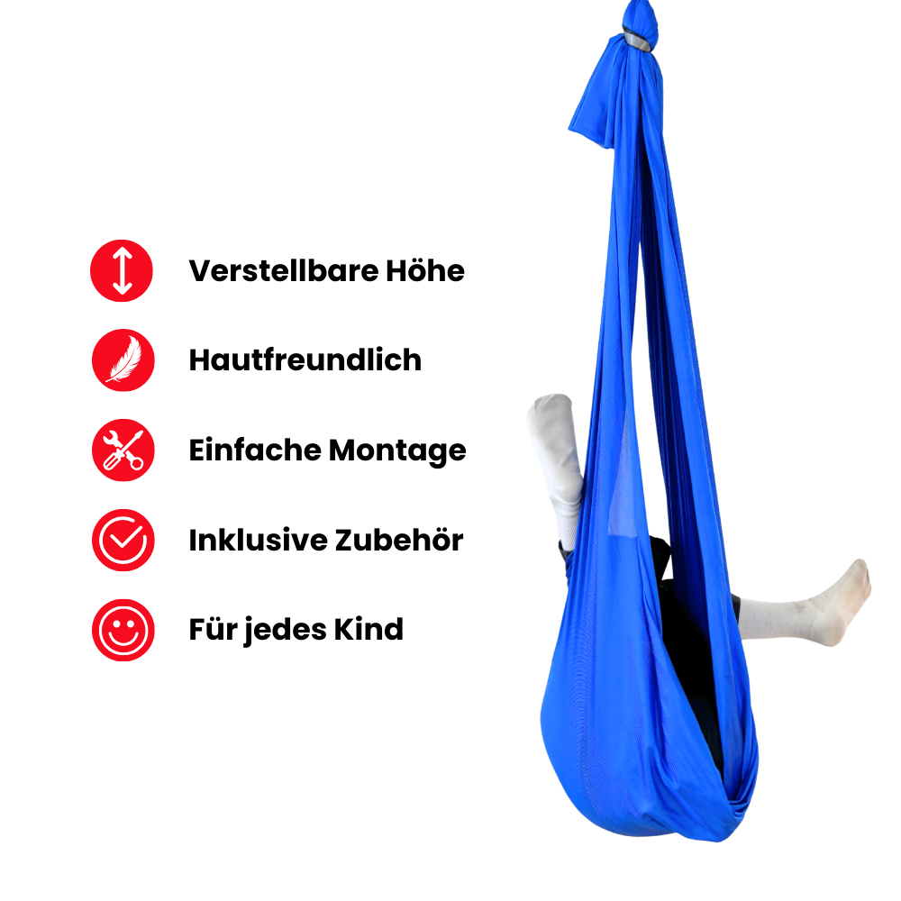 Blaue Therapieschaukel mit Kind und Symbolen für verstellbare Höhe, weichen Stoff, einfache Montage und flexible Nutzung
